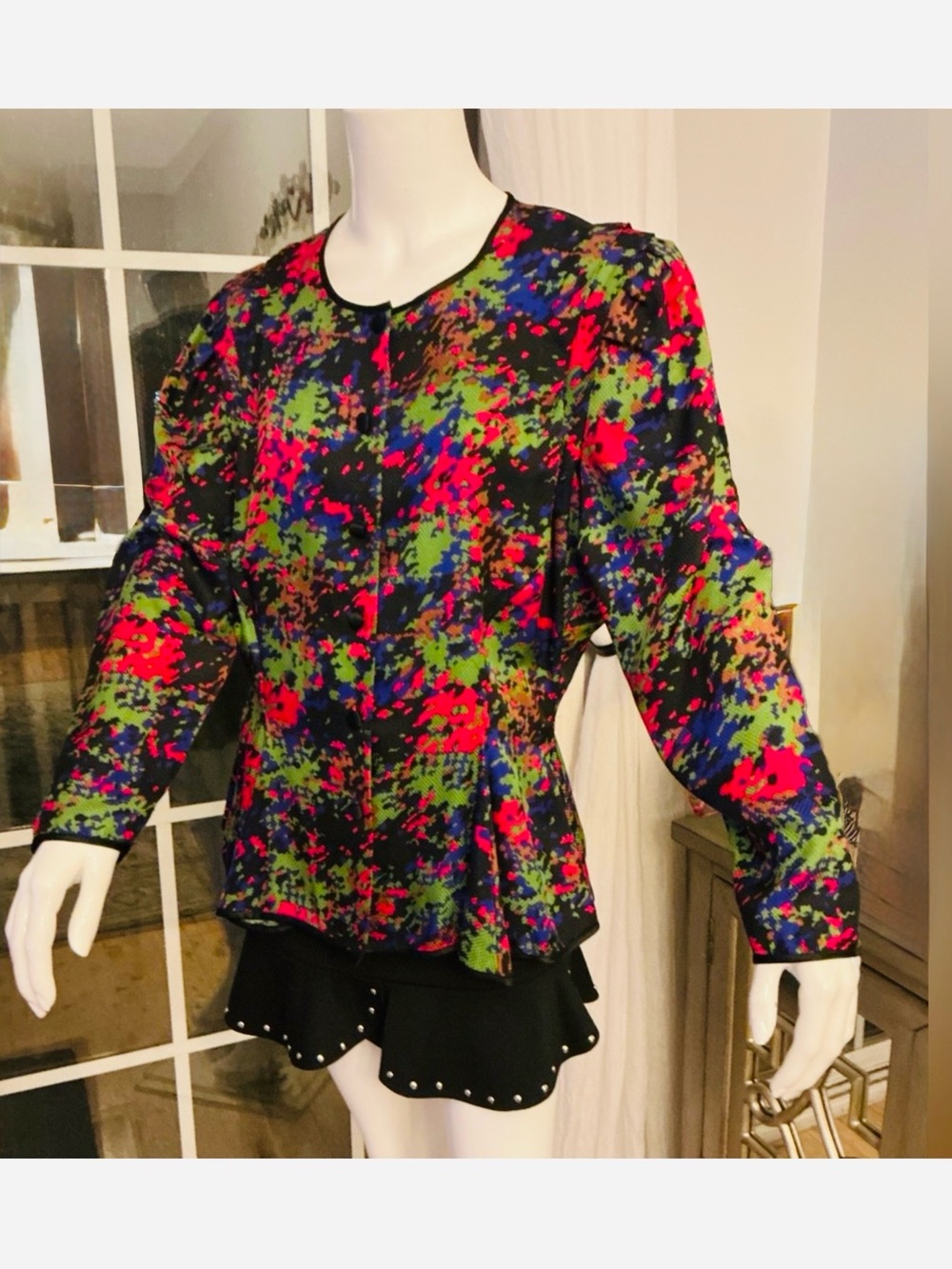Argenti Pure Silk Vintage 80’s Neon Camo Splatter Collarless Blazer Blouse SZ 10